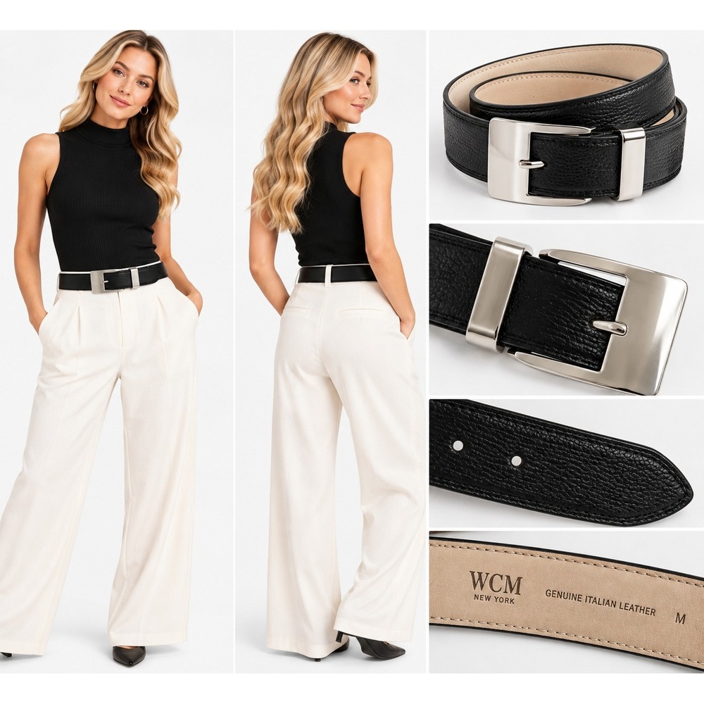 WCM New York M Belt Black Italian Leather Oversized Silver Buckle Quiet Luxury